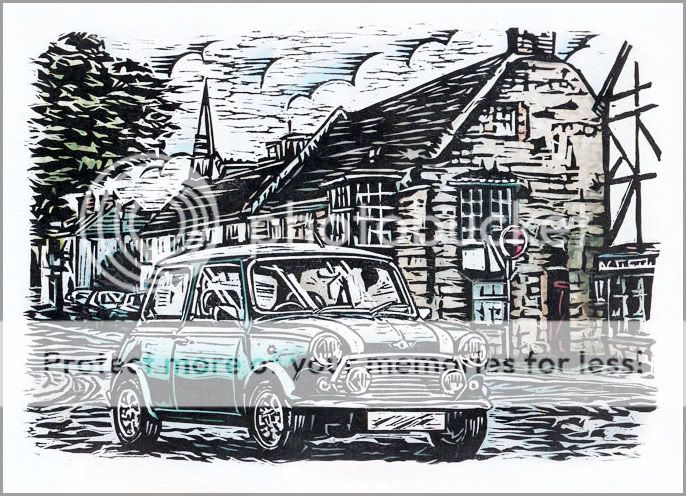 Classic Mini Cooper Woodcut Print Size A4