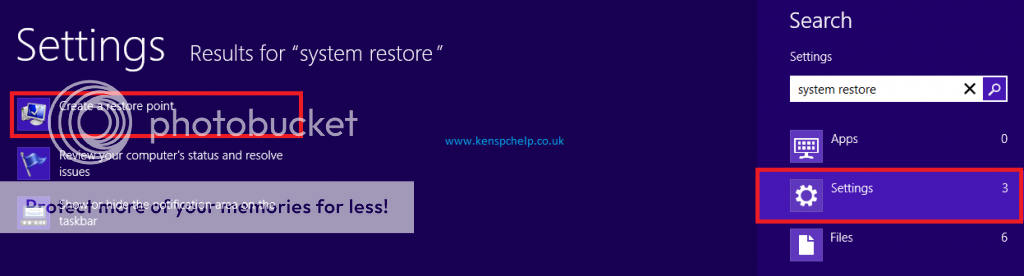 Search > Settings System Restore Search > Settings